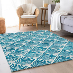 HomeRoots 10' X 14' Teal & Ivory Abstract Geometric Area Rug – Stylish, Washable & UV-Protected for Durability 672725