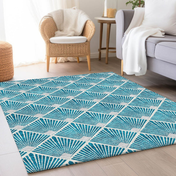 HomeRoots 10' X 14' Teal & Ivory Abstract Geometric Area Rug – Stylish, Washable & UV-Protected for Durability 672725