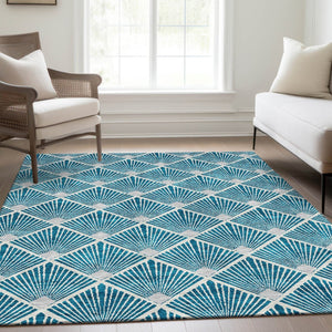 HomeRoots 10' X 14' Teal & Ivory Abstract Geometric Area Rug – Stylish, Washable & UV-Protected for Durability 672725