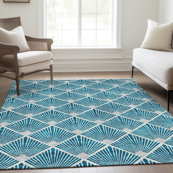 HomeRoots 10' X 14' Teal & Ivory Abstract Geometric Area Rug – Stylish, Washable & UV-Protected for Durability 672725