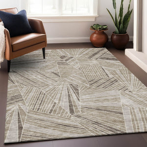 HomeRoots 9' X 12' Beige and Taupe Geometric Area Rug - Durable, Washable, UV-Protected for Stylish Spaces 672730