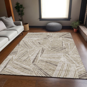 HomeRoots 9' X 12' Beige and Taupe Geometric Area Rug - Durable, Washable, UV-Protected for Stylish Spaces 672730