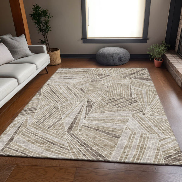 HomeRoots 9' X 12' Beige and Taupe Geometric Area Rug - Durable, Washable, UV-Protected for Stylish Spaces 672730