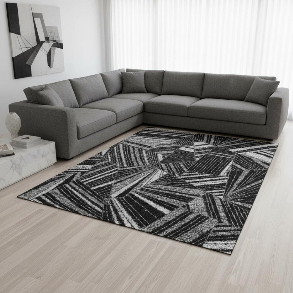 HomeRoots 10' X 14' Black and Gray Geometric Area Rug – Washable, UV-Protected, Durable for Busy Homes 672737
