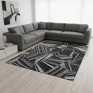 HomeRoots 10' X 14' Black and Gray Geometric Area Rug – Washable, UV-Protected, Durable for Busy Homes 672737