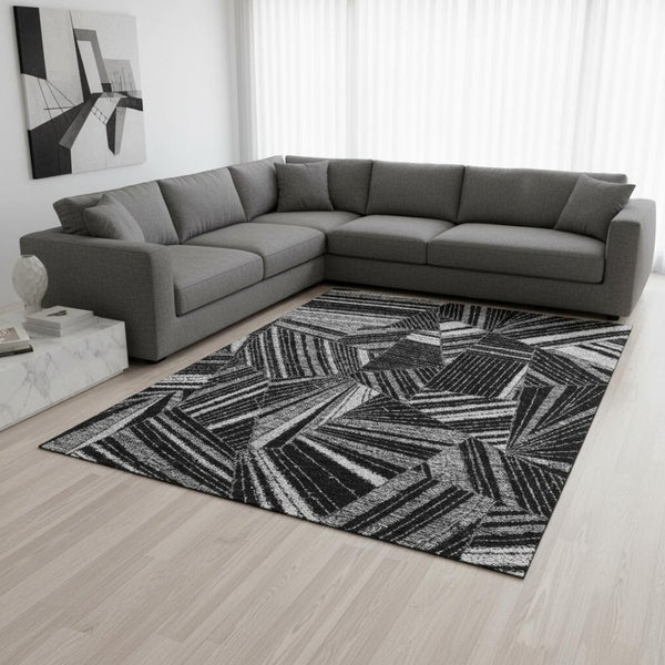 HomeRoots 10' X 14' Black and Gray Geometric Area Rug – Washable, UV-Protected, Durable for Busy Homes 672737