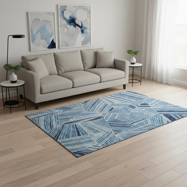 HomeRoots 5' Blue and Silver Geometric Area Rug - Washable, UV Protected, Soft, Durable for High-Traffic Spaces 672739