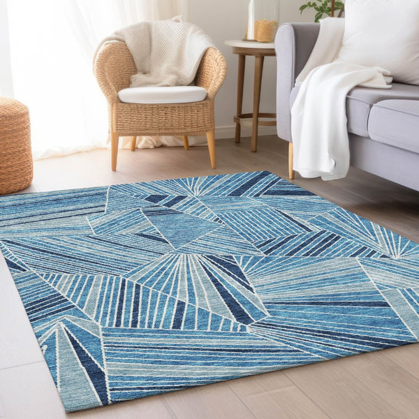 HomeRoots 5' Blue and Silver Geometric Area Rug - Washable, UV Protected, Soft, Durable for High-Traffic Spaces 672739