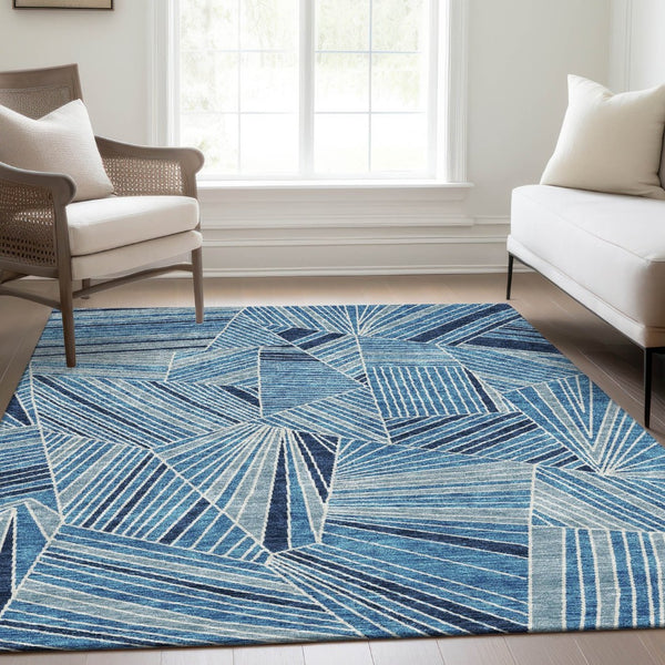 HomeRoots 5' Blue and Silver Geometric Area Rug - Washable, UV Protected, Soft, Durable for High-Traffic Spaces 672739