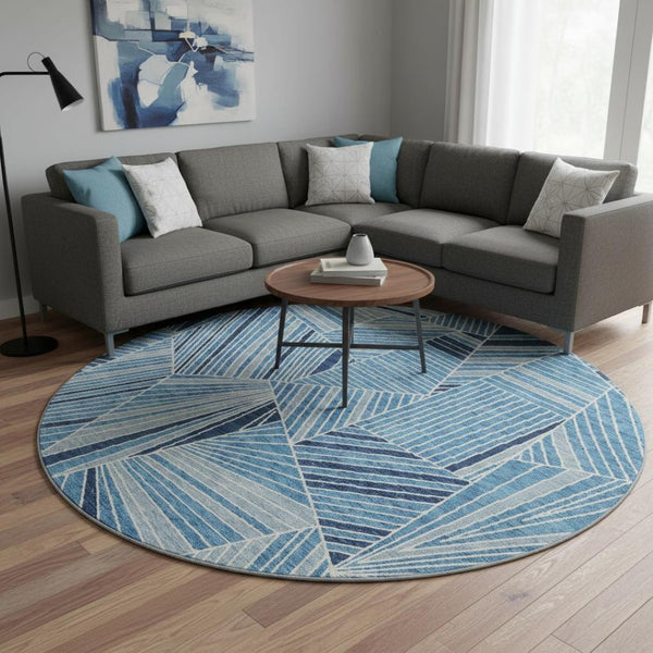 HomeRoots 8' Blue & Silver Geometric Round Rug - Washable, Stain-Resistant, UV-Protected for High-Traffic Areas 672740