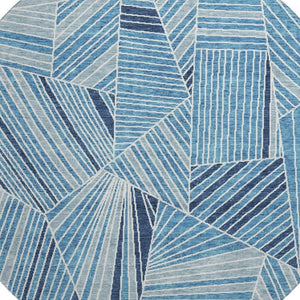 HomeRoots 8' Blue & Silver Geometric Round Rug - Washable, Stain-Resistant, UV-Protected for High-Traffic Areas 672740