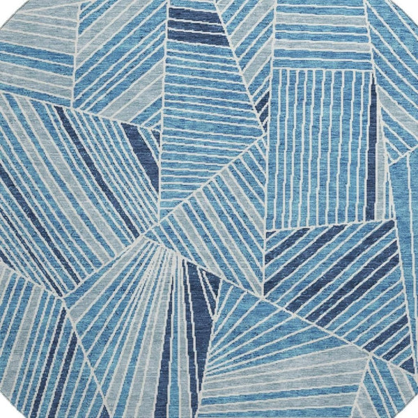 HomeRoots 8' Blue & Silver Geometric Round Rug - Washable, Stain-Resistant, UV-Protected for High-Traffic Areas 672740
