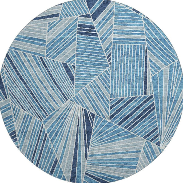 HomeRoots 8' Blue & Silver Geometric Round Rug - Washable, Stain-Resistant, UV-Protected for High-Traffic Areas 672740