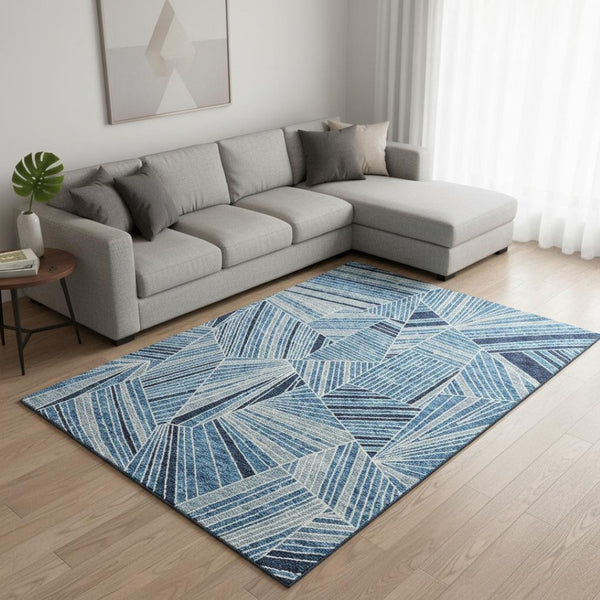 HomeRoots 8' X 10' Blue And Silver Geometric Area Rug - Stylish, Washable, UV-Protected for High-Traffic Spaces 672741