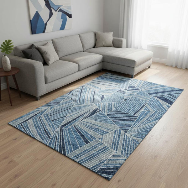HomeRoots 9' X 12' Blue And Silver Geometric Washable Area Rug - Stain Resistant, UV Protected, Modern Design 672742
