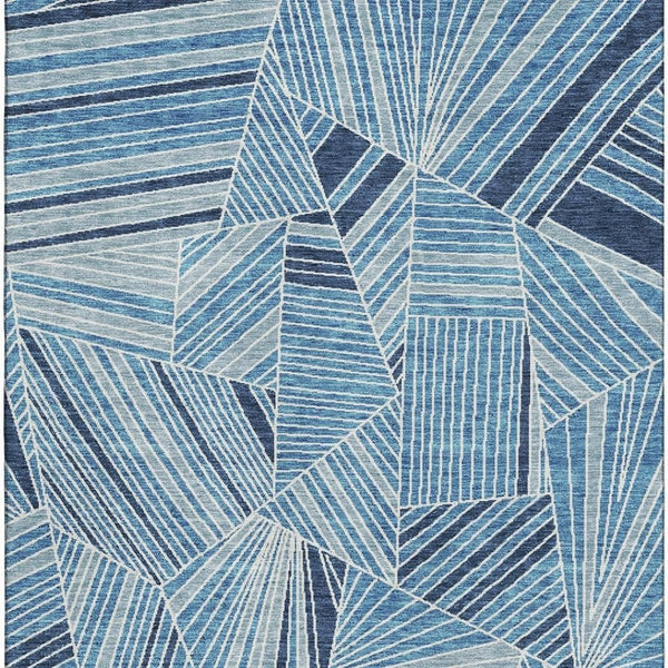 HomeRoots 9' X 12' Blue And Silver Geometric Washable Area Rug - Stain Resistant, UV Protected, Modern Design 672742