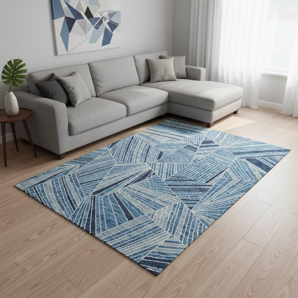 HomeRoots 10' X 14' Blue and Silver Geometric Area Rug – Stylish, Washable, UV-Protected for High-Traffic Homes 672743