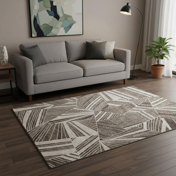 HomeRoots 5' X 8' Geometric Brown and Beige Washable Area Rug with UV Protection for Modern Homes and Pets 672745