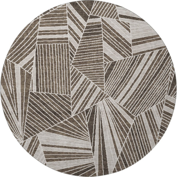 HomeRoots 8' Brown and Beige Geometric Washable Round Rug – UV Protected, Stain-Resistant, Easy Care! 672746