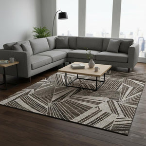 HomeRoots 8' X 10' Brown and Beige Geometric Area Rug – Washable, Stain-Resistant, UV Protected for Modern Spaces 672747