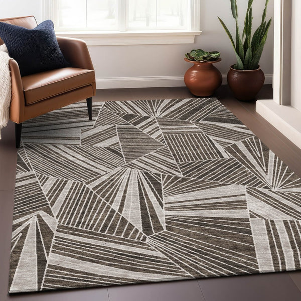 HomeRoots 8' X 10' Brown and Beige Geometric Area Rug – Washable, Stain-Resistant, UV Protected for Modern Spaces 672747