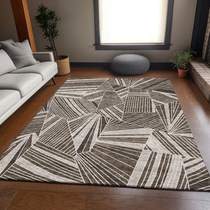 HomeRoots 8' X 10' Brown and Beige Geometric Area Rug – Washable, Stain-Resistant, UV Protected for Modern Spaces 672747