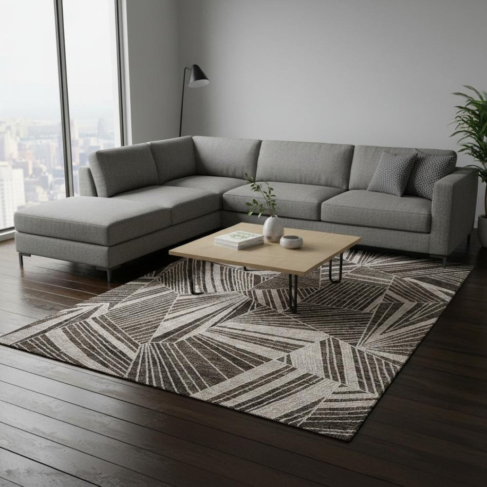 HomeRoots 9' X 12' Brown and Beige Geometric Area Rug - Washable, UV-Protected, Ideal for High-Traffic Spaces 672748