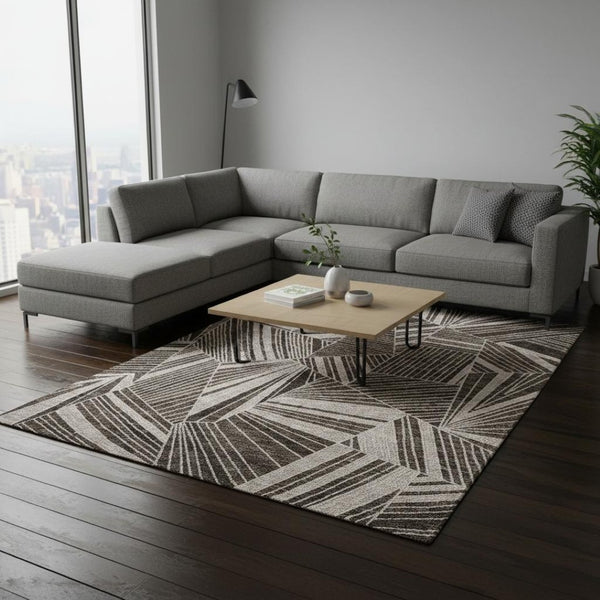 HomeRoots 9' X 12' Brown and Beige Geometric Area Rug - Washable, UV-Protected, Ideal for High-Traffic Spaces 672748