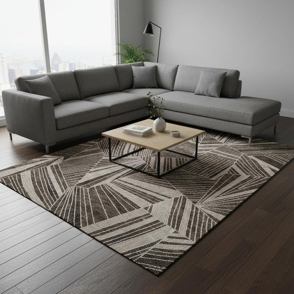 HomeRoots 10' Brown and Beige Geometric Area Rug - Washable, UV Protected, Stain-Resistant for High Traffic Spaces 672749
