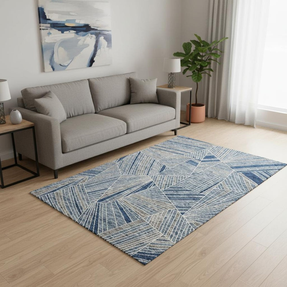 HomeRoots 5' X 8' Denim Blue & Ivory Geometric Area Rug - Washable, UV Protected, Durable for Busy Homes 672751