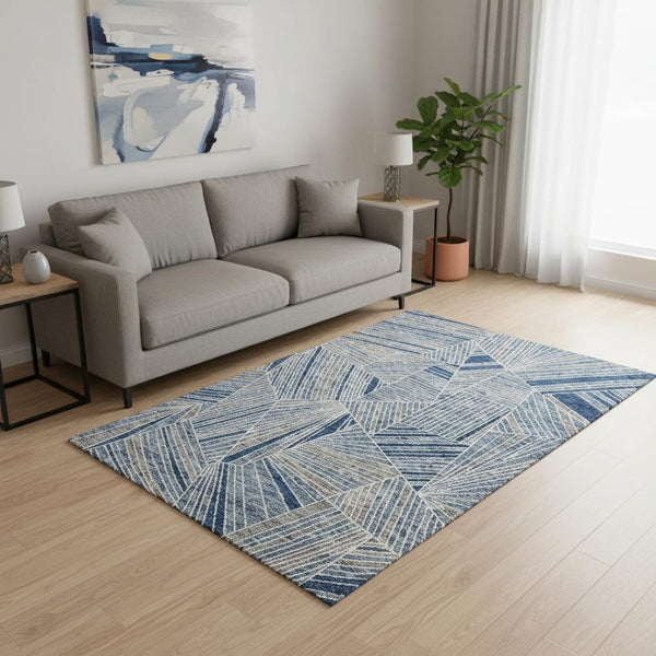 HomeRoots 5' X 8' Denim Blue & Ivory Geometric Area Rug - Washable, UV Protected, Durable for Busy Homes 672751