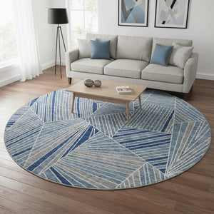 HomeRoots 8' Denim Blue Geometric Round Rug - Washable, UV-Protected, Stain-Resistant for Modern Homes 672752