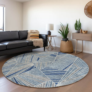 HomeRoots 8' Denim Blue Geometric Round Rug - Washable, UV-Protected, Stain-Resistant for Modern Homes 672752