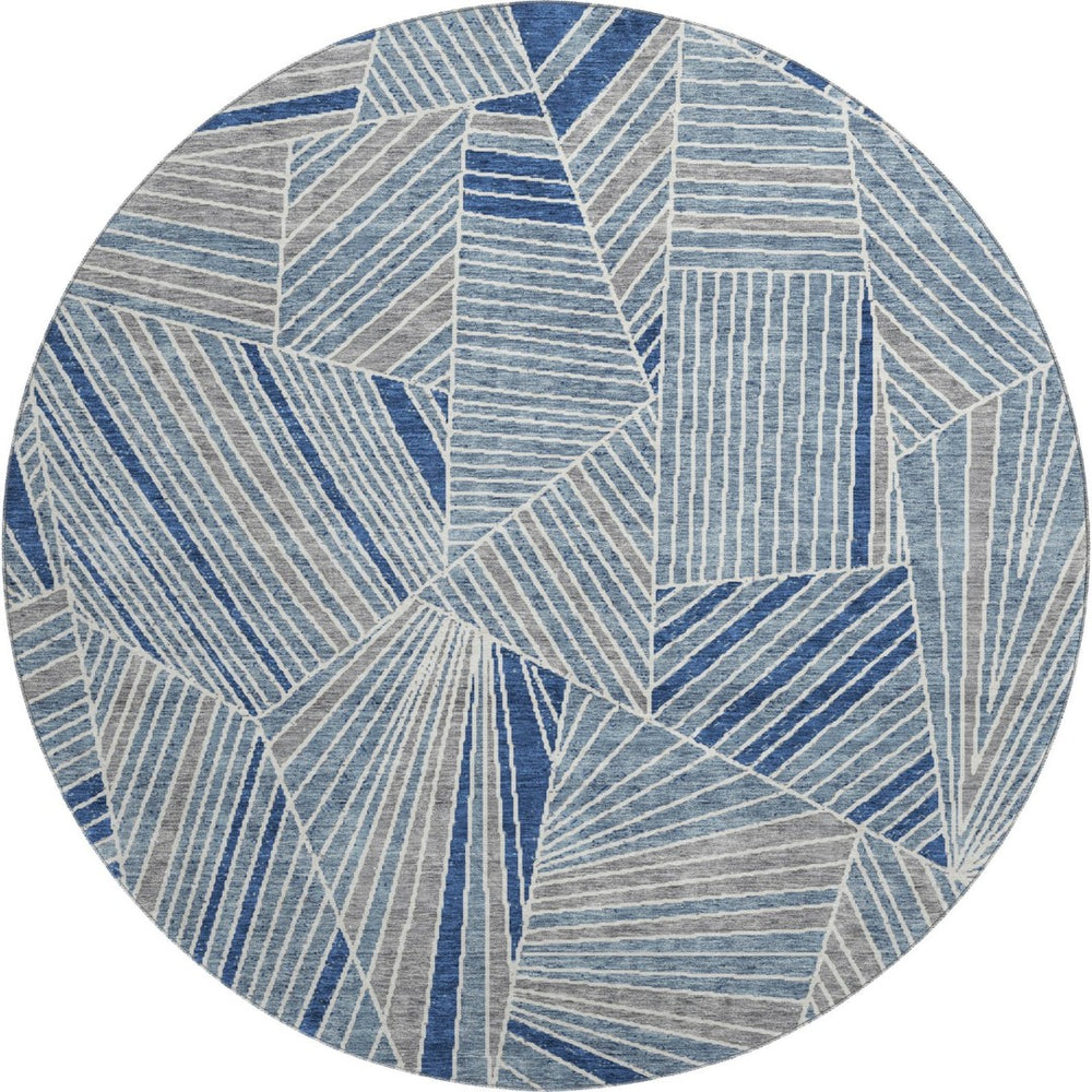 HomeRoots 8' Denim Blue Geometric Round Rug - Washable, UV-Protected, Stain-Resistant for Modern Homes 672752