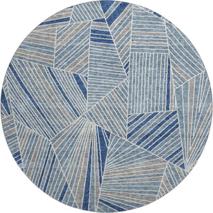 HomeRoots 8' Denim Blue Geometric Round Rug - Washable, UV-Protected, Stain-Resistant for Modern Homes 672752