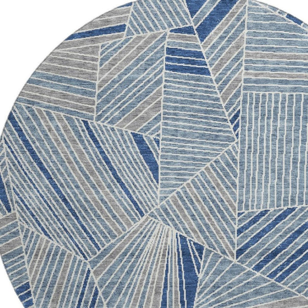 HomeRoots 8' Denim Blue Geometric Round Rug - Washable, UV-Protected, Stain-Resistant for Modern Homes 672752