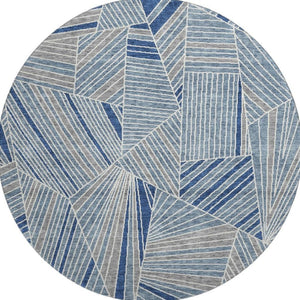 HomeRoots 8' Denim Blue Geometric Round Rug - Washable, UV-Protected, Stain-Resistant for Modern Homes 672752