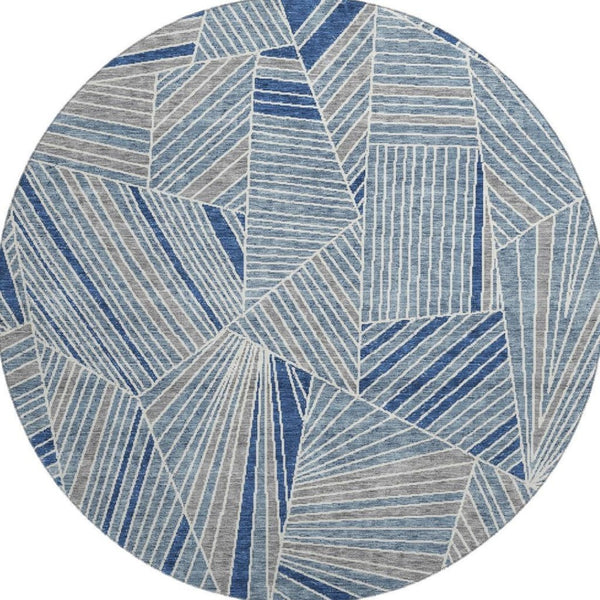 HomeRoots 8' Denim Blue Geometric Round Rug - Washable, UV-Protected, Stain-Resistant for Modern Homes 672752