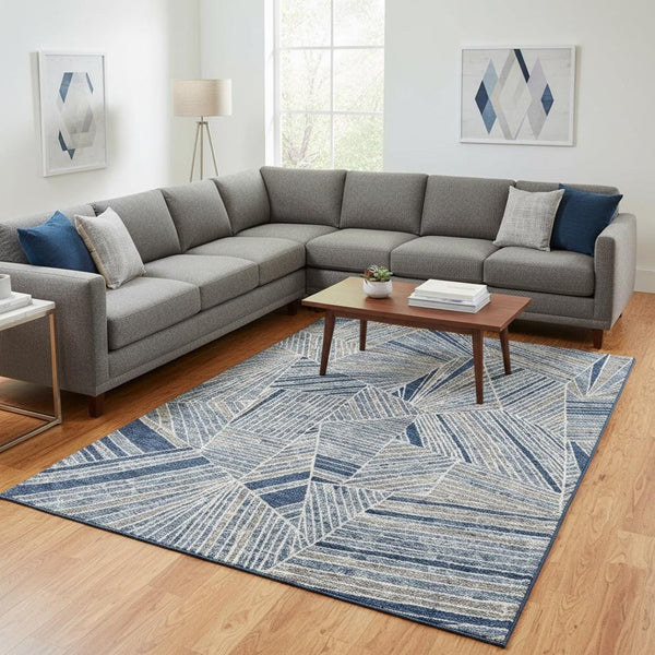 HomeRoots 8' x 10' Denim Blue & Ivory Geometric Area Rug - Washable, UV Protected, Perfect for High-Traffic Homes! 672753