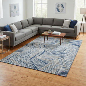HomeRoots 9' X 12' Stylish Denim Blue & Ivory Geometric Washable Area Rug with UV Protection for Durability 672754