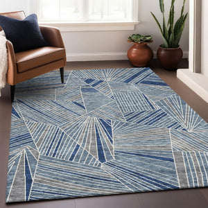 HomeRoots 9' X 12' Stylish Denim Blue & Ivory Geometric Washable Area Rug with UV Protection for Durability 672754