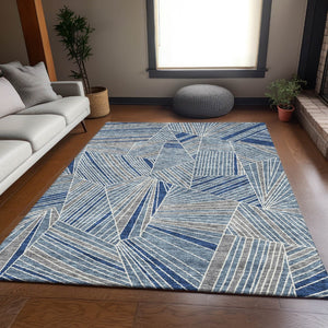 HomeRoots 9' X 12' Stylish Denim Blue & Ivory Geometric Washable Area Rug with UV Protection for Durability 672754
