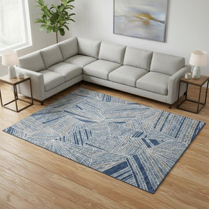 HomeRoots 10' X 14' Stylish Denim Blue & Ivory Geometric Area Rug - Washable, UV Protected, Durable Design 672755