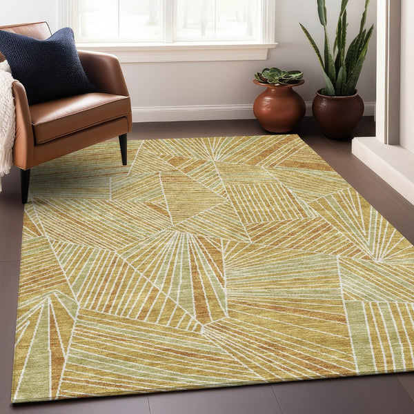 HomeRoots 8' X 10' Gold and Beige Geometric Area Rug - Washable, UV Protected, Durable for High-Traffic Spaces 672759