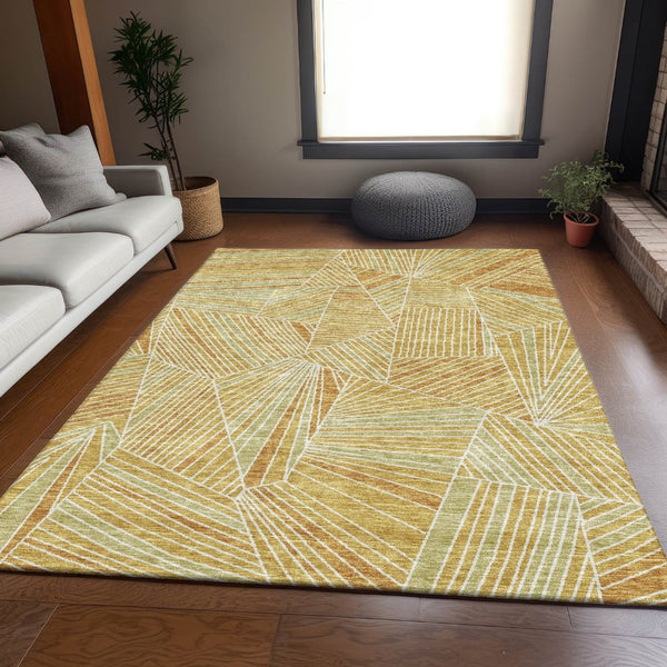 HomeRoots 10' X 14' Gold & Beige Geometric Area Rug - Washable, UV Protected, Stain Resistant for Active Homes 672761