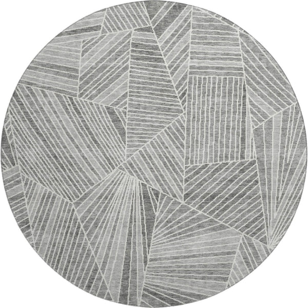 HomeRoots 8' Gray and Silver Geometric Washable Round Rug - UV Protected, Stain-Resistant, Modern Design 672764