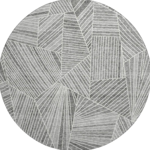 HomeRoots 8' Gray and Silver Geometric Washable Round Rug - UV Protected, Stain-Resistant, Modern Design 672764