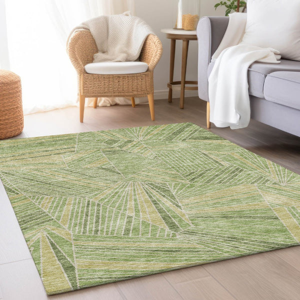 HomeRoots 5' X 8' Modern Green and Beige Geometric Area Rug - Washable, UV Protected, Stain Resistant Comfort 672769
