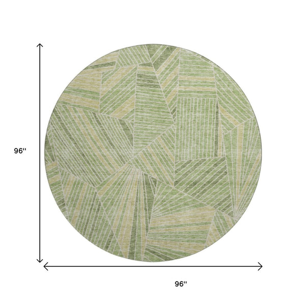 HomeRoots 8' Green And Beige Geometric Washable Round Rug – Durable, UV-Protected for Indoor & Outdoor Use! 672770