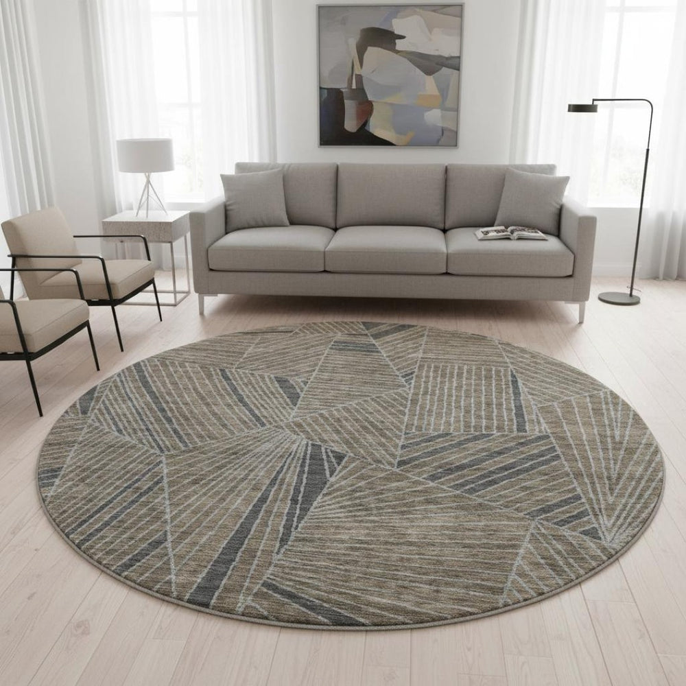HomeRoots 8' Modern Geometric Coffee and Gray Round Rug - Washable, UV Protected, Stain Resistant for Active Homes 672776